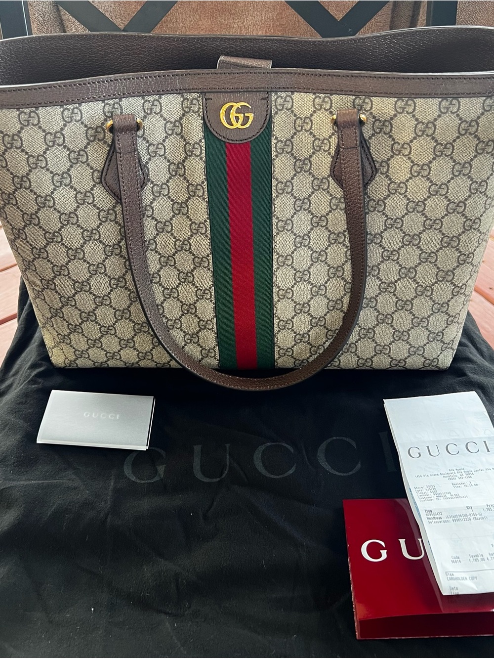 Gucci Beige Monogram Canvas Tote with Green-Red Web and Brown Trim